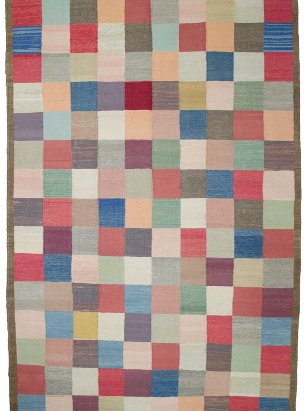 “Handwoven Persian kilim with multicoloured check pattern” “Decorative flatweave rug with abrush and natural dyes” “Heavy Persian wool kilim for floor or wall” “Eco-friendly artisan Persian rug with checkered design”