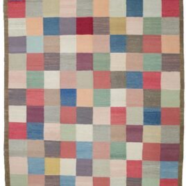 “Handwoven Persian kilim with multicoloured check pattern” “Decorative flatweave rug with abrush and natural dyes” “Heavy Persian wool kilim for floor or wall” “Eco-friendly artisan Persian rug with checkered design”