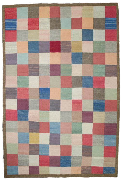 “Handwoven Persian kilim with multicoloured check pattern” “Decorative flatweave rug with abrush and natural dyes” “Heavy Persian wool kilim for floor or wall” “Eco-friendly artisan Persian rug with checkered design”