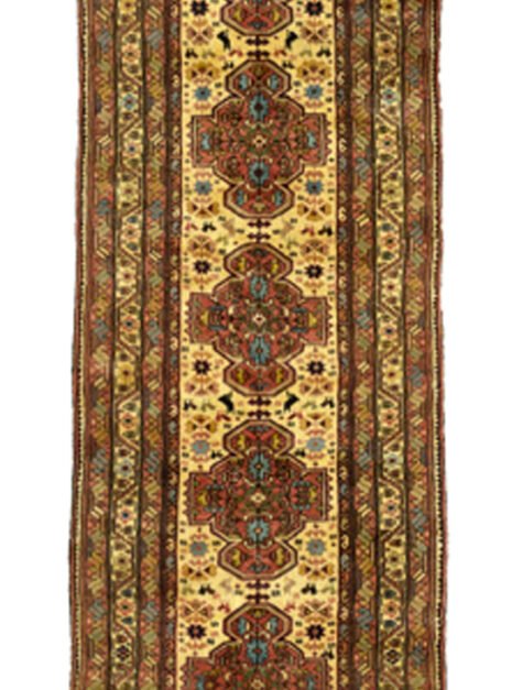 alt="Narrow handmade Qoochan runner with cream field and red medallions" alt="Long Persian runner under 90cm wide with central medallion design" alt="Rare Qoochan tribal rug for hallway or corridor" alt="Cream and red handwoven runner with soft shiny wool"