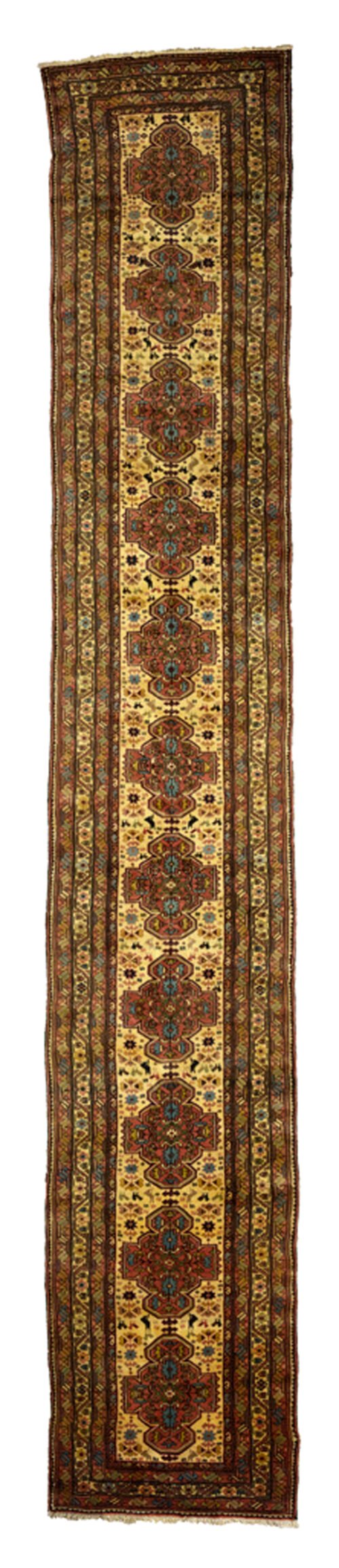 alt="Narrow handmade Qoochan runner with cream field and red medallions" alt="Long Persian runner under 90cm wide with central medallion design" alt="Rare Qoochan tribal rug for hallway or corridor" alt="Cream and red handwoven runner with soft shiny wool"