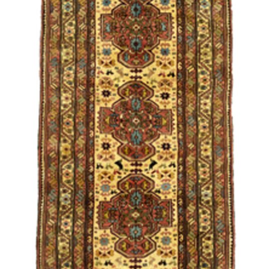 alt="Narrow handmade Qoochan runner with cream field and red medallions" alt="Long Persian runner under 90cm wide with central medallion design" alt="Rare Qoochan tribal rug for hallway or corridor" alt="Cream and red handwoven runner with soft shiny wool"