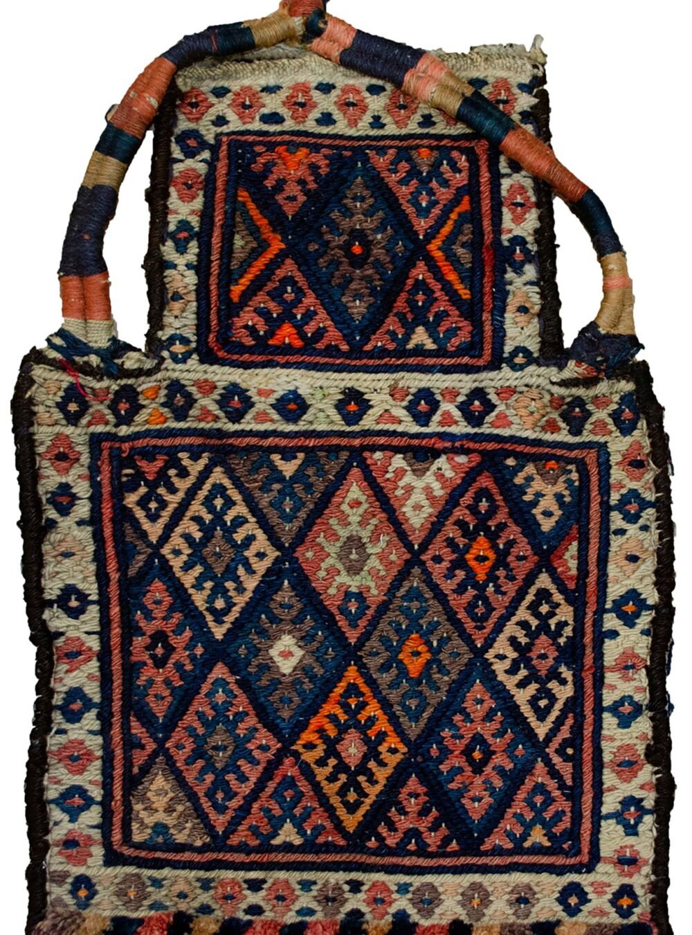 “Antique Sanjabi saltbag with lozenge motif and kilim back” “Vintage Kurdish saltbag with pile weave front and patterned kilim back” “Intact tribal saltbag from West Iran with handspun wool” “Rare collector’s Sanjabi namakdan with natural dyes and traditional design”