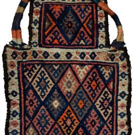 “Antique Sanjabi saltbag with lozenge motif and kilim back” “Vintage Kurdish saltbag with pile weave front and patterned kilim back” “Intact tribal saltbag from West Iran with handspun wool” “Rare collector’s Sanjabi namakdan with natural dyes and traditional design”