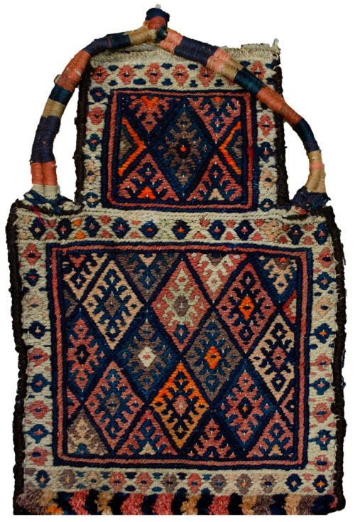 “Antique Sanjabi saltbag with lozenge motif and kilim back” “Vintage Kurdish saltbag with pile weave front and patterned kilim back” “Intact tribal saltbag from West Iran with handspun wool” “Rare collector’s Sanjabi namakdan with natural dyes and traditional design”
