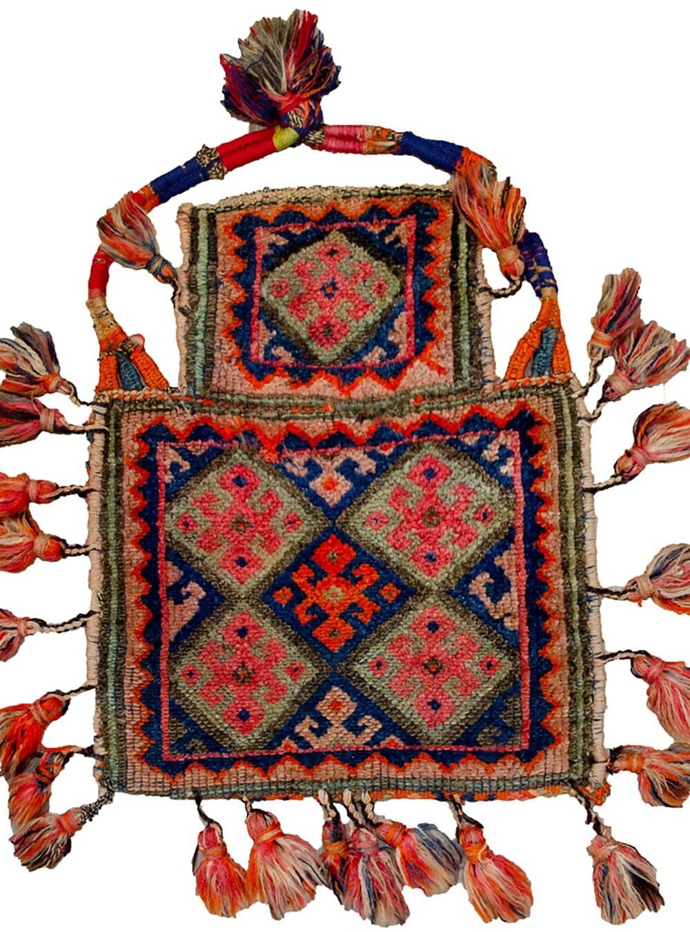 "Rare antique Sanajabi saltbag with lozenge motif and pompoms" "West Iranian tribal dowry saltbag with jijim back" "Handwoven Sanajabi saltbag with colourful lozenges and decorative edging" "Vintage Persian salt bag for collectors – lozenge design and pompoms"