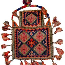"Rare antique Sanajabi saltbag with lozenge motif and pompoms" "West Iranian tribal dowry saltbag with jijim back" "Handwoven Sanajabi saltbag with colourful lozenges and decorative edging" "Vintage Persian salt bag for collectors – lozenge design and pompoms"