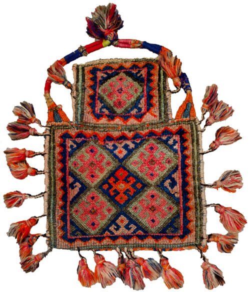 "Rare antique Sanajabi saltbag with lozenge motif and pompoms" "West Iranian tribal dowry saltbag with jijim back" "Handwoven Sanajabi saltbag with colourful lozenges and decorative edging" "Vintage Persian salt bag for collectors – lozenge design and pompoms"