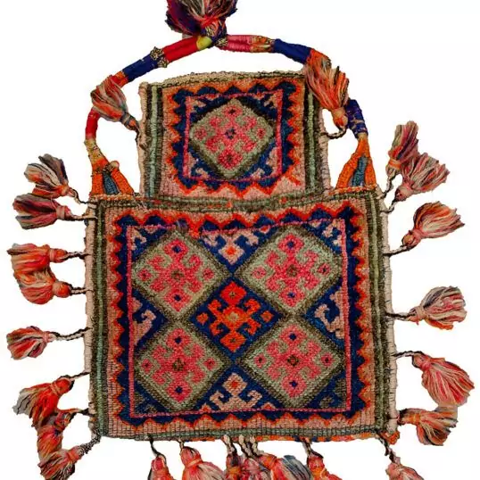 "Rare antique Sanajabi saltbag with lozenge motif and pompoms" "West Iranian tribal dowry saltbag with jijim back" "Handwoven Sanajabi saltbag with colourful lozenges and decorative edging" "Vintage Persian salt bag for collectors – lozenge design and pompoms"