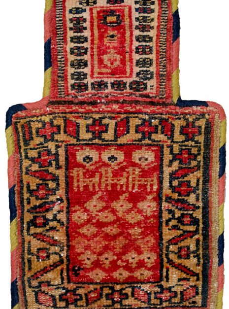 “Antique Kurdish salt bag with three dogs and paisley motifs” “Vintage Persian Namakdan from West Iran in natural dye colours” “Handwoven tribal salt bag with redone binding and symbolic motifs” “Rare Kurdish salt pouch featuring stylised dog design and natural dyes”