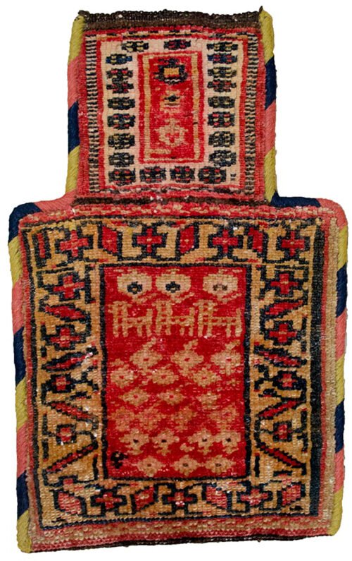 “Antique Kurdish salt bag with three dogs and paisley motifs” “Vintage Persian Namakdan from West Iran in natural dye colours” “Handwoven tribal salt bag with redone binding and symbolic motifs” “Rare Kurdish salt pouch featuring stylised dog design and natural dyes”