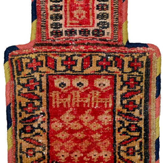 “Antique Kurdish salt bag with three dogs and paisley motifs” “Vintage Persian Namakdan from West Iran in natural dye colours” “Handwoven tribal salt bag with redone binding and symbolic motifs” “Rare Kurdish salt pouch featuring stylised dog design and natural dyes”