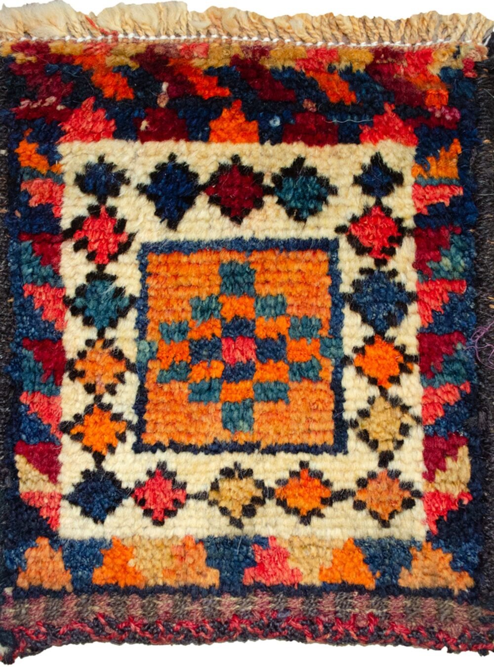 "Antique Lori bag face with blue lozenge on orange field" "Vintage Persian tribal textile with cream lozenge border" "Naturally dyed Lori weaving with colourful motifs" "Traditional Lori bag face from West Iran"