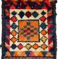 "Antique Lori bag face with blue lozenge on orange field" "Vintage Persian tribal textile with cream lozenge border" "Naturally dyed Lori weaving with colourful motifs" "Traditional Lori bag face from West Iran"