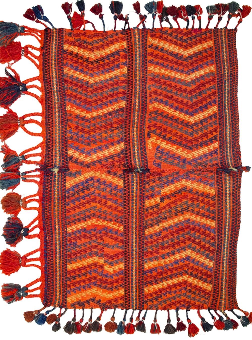 "Antique Qashqai Gahvareh cradle with pompons and tribal patterns" "Handwoven wool baby carrier from South Iran" "Traditional Persian dowry cradle textile" "Vintage tribal baby hammock from Qashqai tribe"