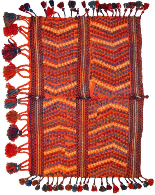 "Antique Qashqai Gahvareh cradle with pompons and tribal patterns" "Handwoven wool baby carrier from South Iran" "Traditional Persian dowry cradle textile" "Vintage tribal baby hammock from Qashqai tribe"