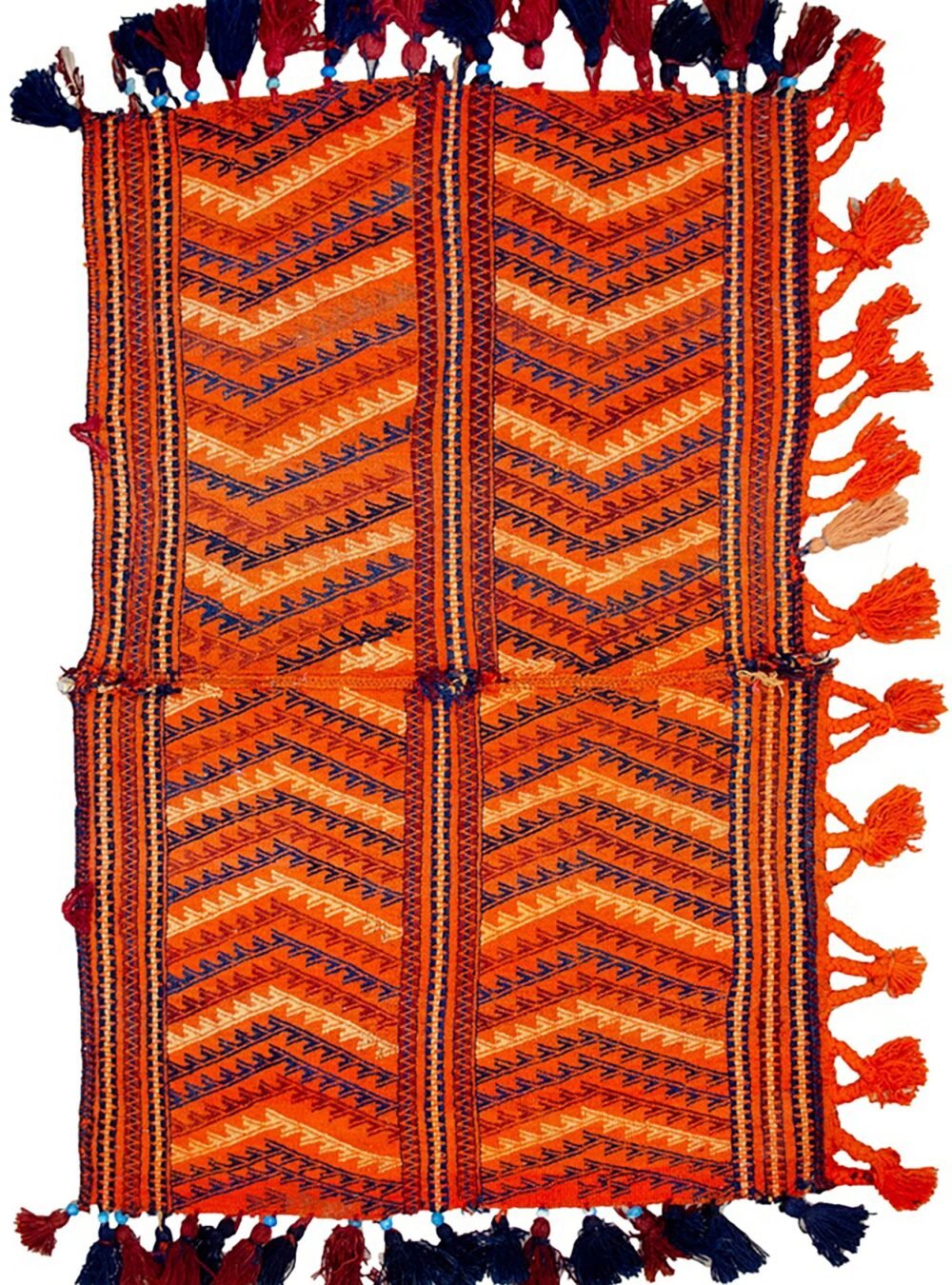 "Antique Qashqai Gahvareh cradle with pompons and tribal patterns" "Handwoven wool baby carrier from South Iran" "Traditional Persian dowry cradle textile" "Vintage tribal baby hammock from Qashqai tribe"