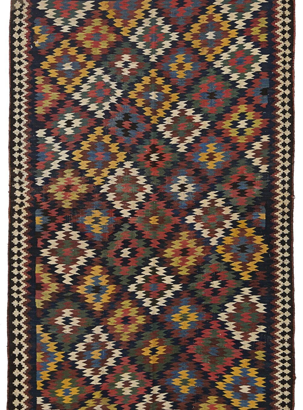 alt="Qashqai kilim with rare eye-dazzler design and jijim ends" alt="Fine tribal kilim in unusual size with optical pattern" alt="Collector-grade Qashqai kilim with natural dyes and bold geometry" alt="Handwoven Persian kilim with fine finishing and tribal artistry"
