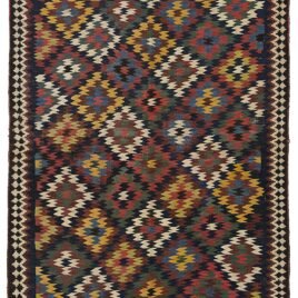 alt="Qashqai kilim with rare eye-dazzler design and jijim ends" alt="Fine tribal kilim in unusual size with optical pattern" alt="Collector-grade Qashqai kilim with natural dyes and bold geometry" alt="Handwoven Persian kilim with fine finishing and tribal artistry"