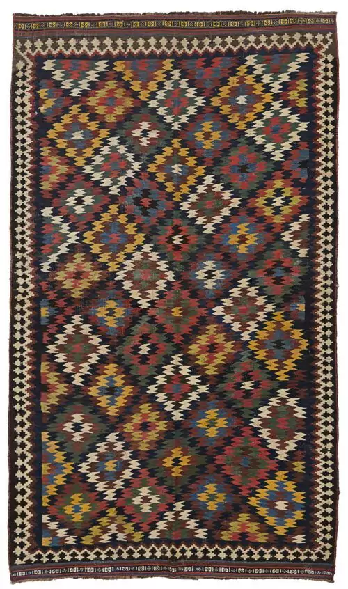 alt="Qashqai kilim with rare eye-dazzler design and jijim ends" alt="Fine tribal kilim in unusual size with optical pattern" alt="Collector-grade Qashqai kilim with natural dyes and bold geometry" alt="Handwoven Persian kilim with fine finishing and tribal artistry"
