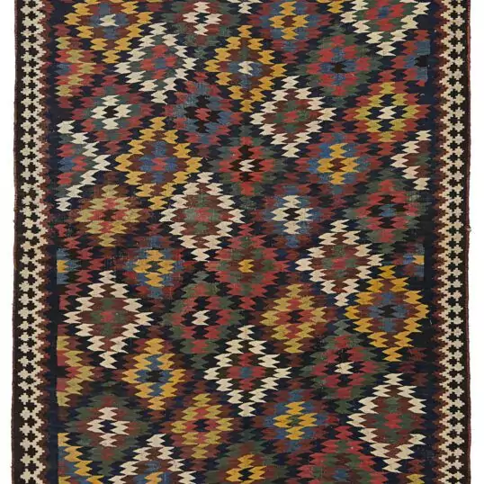 alt="Qashqai kilim with rare eye-dazzler design and jijim ends" alt="Fine tribal kilim in unusual size with optical pattern" alt="Collector-grade Qashqai kilim with natural dyes and bold geometry" alt="Handwoven Persian kilim with fine finishing and tribal artistry"