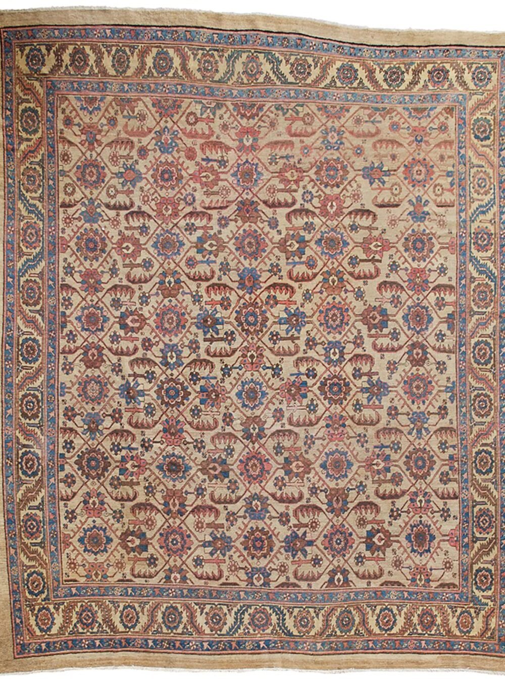 “Antique Bakhshaysh carpet with rare ground colour and floral design” “Vintage Persian rug from Bakhshaysh with yellow and blue borders” “All-over floral lozenge pattern antique carpet” “Decorative Heriz region rug with soft natural colours”