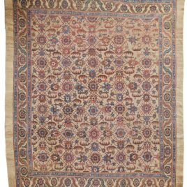 “Antique Bakhshaysh carpet with rare ground colour and floral design” “Vintage Persian rug from Bakhshaysh with yellow and blue borders” “All-over floral lozenge pattern antique carpet” “Decorative Heriz region rug with soft natural colours”