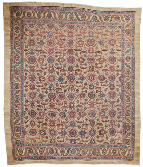“Antique Bakhshaysh carpet with rare ground colour and floral design” “Vintage Persian rug from Bakhshaysh with yellow and blue borders” “All-over floral lozenge pattern antique carpet” “Decorative Heriz region rug with soft natural colours”