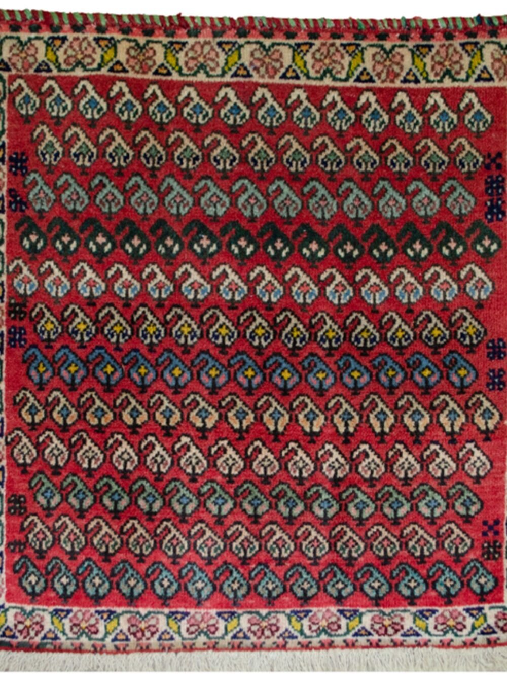 alt="Vintage Qashqai bag face with boteh motifs on red background" alt="Tribal Persian textile with cream floral border and paisley design" alt="Handwoven Qashqai bag face from South Iran" alt="Decorative vintage tribal bag face with boteh motifs"