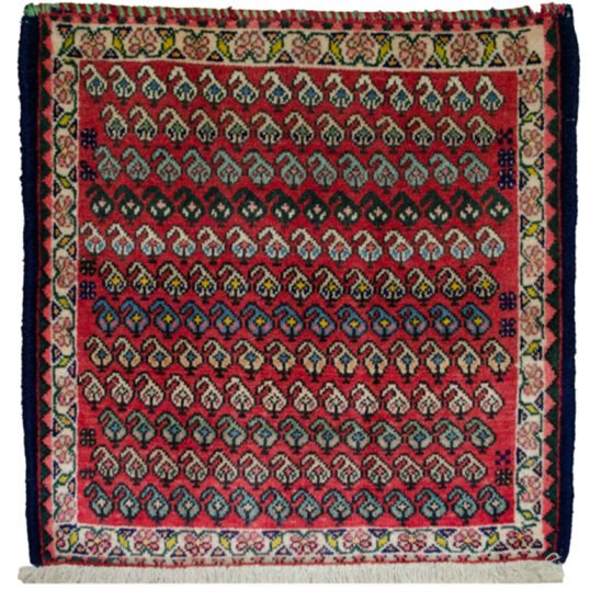 alt="Vintage Qashqai bag face with boteh motifs on red background" alt="Tribal Persian textile with cream floral border and paisley design" alt="Handwoven Qashqai bag face from South Iran" alt="Decorative vintage tribal bag face with boteh motifs"