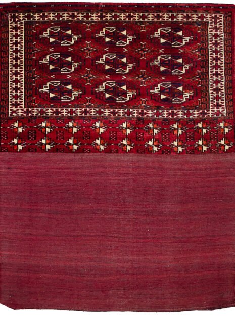 alt="Vintage Turkman Tobreh bag with deep red field and large Guls" alt="Handwoven Turkman tribal bag from Northeast Iran" alt="Turkman storage bag with soft wool and rich red colour" alt="Decorative vintage Tobreh with bold tribal motifs"