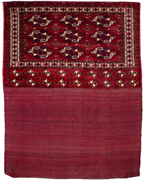 alt="Vintage Turkman Tobreh bag with deep red field and large Guls" alt="Handwoven Turkman tribal bag from Northeast Iran" alt="Turkman storage bag with soft wool and rich red colour" alt="Decorative vintage Tobreh with bold tribal motifs"