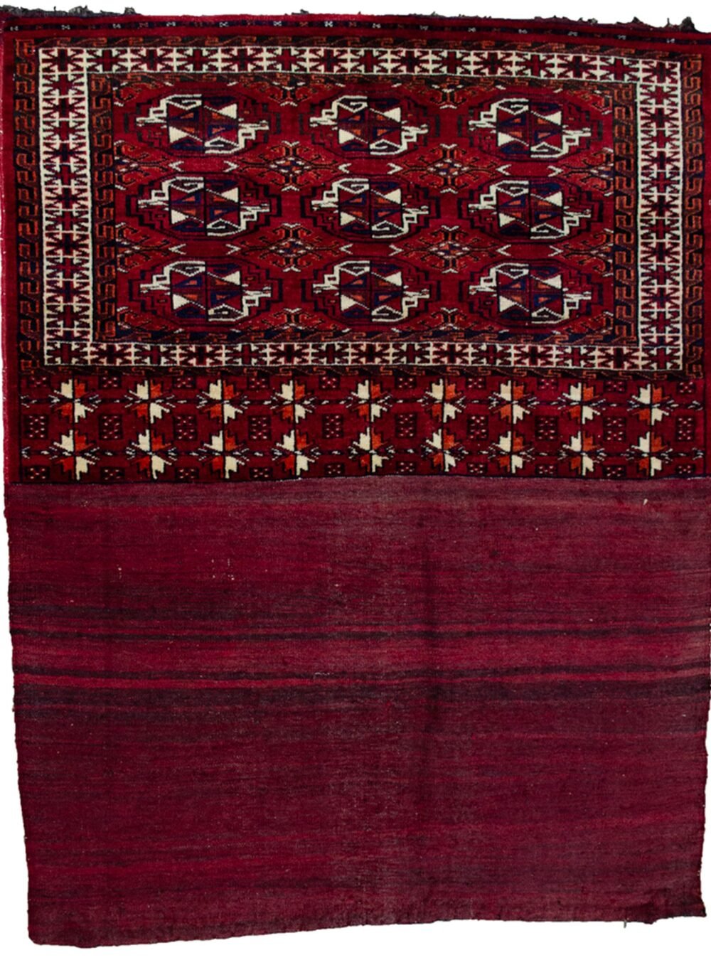 alt="Vintage Turkman Tobreh bag with deep red field and large Guls" alt="Handwoven Turkman tribal bag from Northeast Iran" alt="Turkman storage bag with soft wool and rich red colour" alt="Decorative vintage Tobreh with bold tribal motifs"