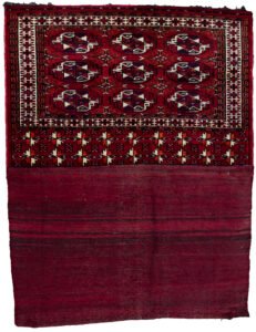 alt="Vintage Turkman Tobreh bag with deep red field and large Guls" alt="Handwoven Turkman tribal bag from Northeast Iran" alt="Turkman storage bag with soft wool and rich red colour" alt="Decorative vintage Tobreh with bold tribal motifs"