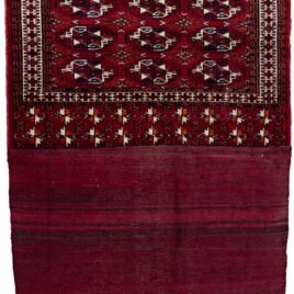 alt="Vintage Turkman Tobreh bag with deep red field and large Guls" alt="Handwoven Turkman tribal bag from Northeast Iran" alt="Turkman storage bag with soft wool and rich red colour" alt="Decorative vintage Tobreh with bold tribal motifs"