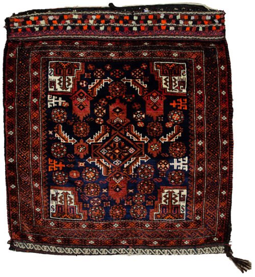 alt="Vintage Baluch tribal bag with dowry tufts and goat motifs" alt="Handwoven Baluch bag with red kilim S-design and flowerheads" alt="Antique Baluch wool bag with tribal symbolism from Northeast Iran" alt="Collectible Persian tribal bag with rich colours and unique details"
