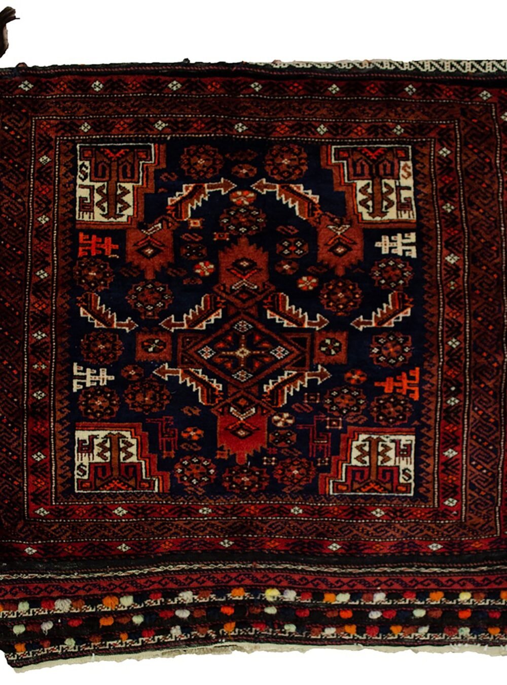 alt="Vintage Baluch tribal bag with dowry tufts and goat motifs" alt="Handwoven Baluch bag with red kilim S-design and flowerheads" alt="Antique Baluch wool bag with tribal symbolism from Northeast Iran" alt="Collectible Persian tribal bag with rich colours and unique details"