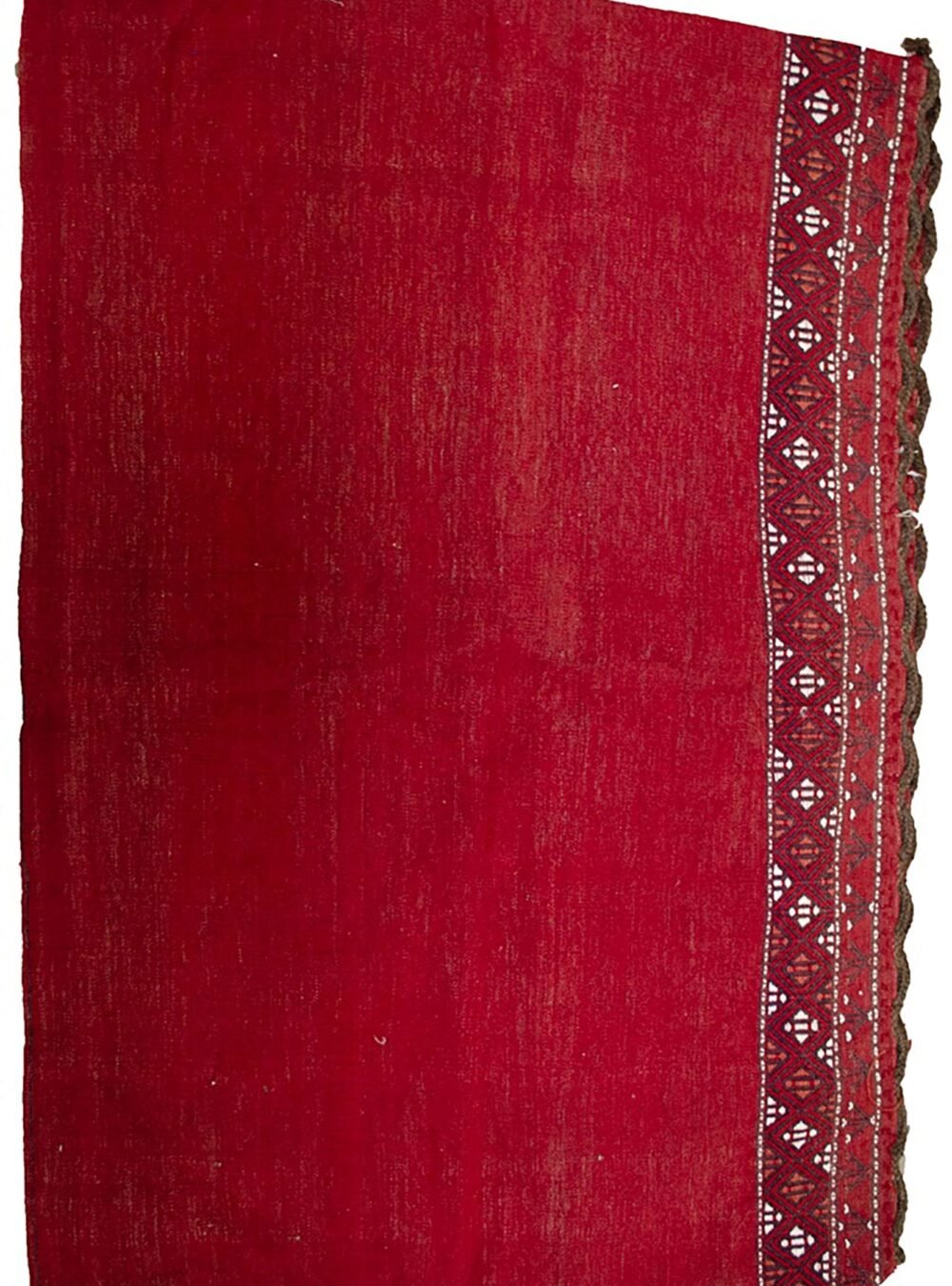 alt="Large vintage Turkman tobreh bag with deep red wool and lozenge motifs" alt="Oversized tribal storage bag from Northeast Iran in plain design" alt="Turkman wool bag with lozenge and bush motifs in red field" alt="Rare large vintage Tobreh bag with tribal pattern and small motif"