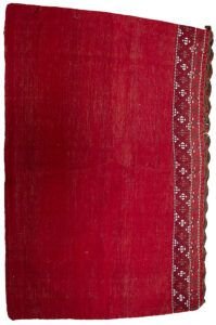 alt="Large vintage Turkman tobreh bag with deep red wool and lozenge motifs" alt="Oversized tribal storage bag from Northeast Iran in plain design" alt="Turkman wool bag with lozenge and bush motifs in red field" alt="Rare large vintage Tobreh bag with tribal pattern and small motif"