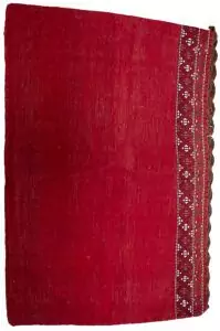 alt="Large vintage Turkman tobreh bag with deep red wool and lozenge motifs" alt="Oversized tribal storage bag from Northeast Iran in plain design" alt="Turkman wool bag with lozenge and bush motifs in red field" alt="Rare large vintage Tobreh bag with tribal pattern and small motif"