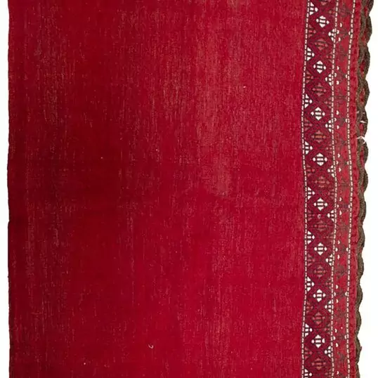 alt="Large vintage Turkman tobreh bag with deep red wool and lozenge motifs" alt="Oversized tribal storage bag from Northeast Iran in plain design" alt="Turkman wool bag with lozenge and bush motifs in red field" alt="Rare large vintage Tobreh bag with tribal pattern and small motif"