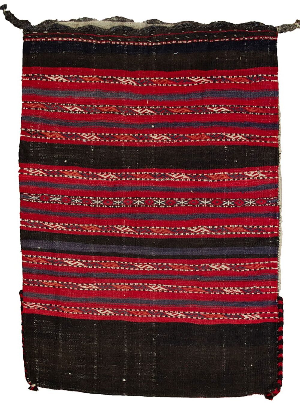 alt="Vintage Turkman tobreh bag with S and star motifs from Northeast Iran" alt="Tribal Turkman bag with blue-grey guard bands and cream back" alt="Handwoven Persian Tobreh bag with traditional tribal designs" alt="Turkman wool bag with intact locks and natural dyes"