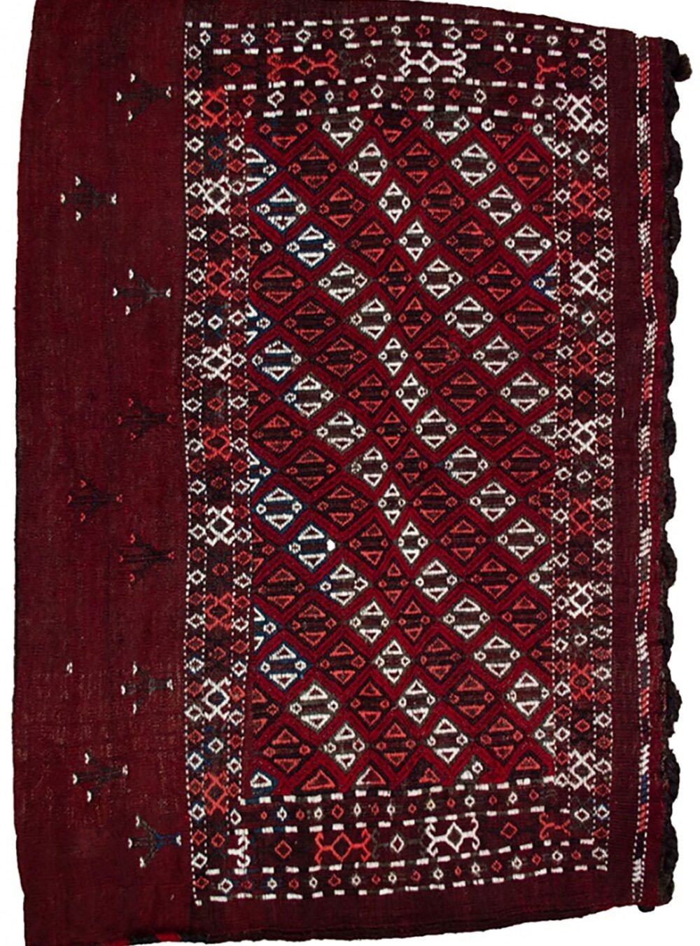 alt="Vintage Turkman Tobreh bag with deep maroon field and lozenge design" alt="Turkman tribal bag with lozenges and stylised bushes from Northeast Iran" alt="Decorative Persian Tobreh bag with rich red wool and traditional motifs" alt="Handwoven Turkman wool bag in maroon with natural dyes"