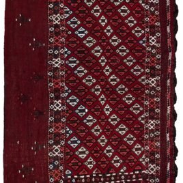 alt="Vintage Turkman Tobreh bag with deep maroon field and lozenge design" alt="Turkman tribal bag with lozenges and stylised bushes from Northeast Iran" alt="Decorative Persian Tobreh bag with rich red wool and traditional motifs" alt="Handwoven Turkman wool bag in maroon with natural dyes"