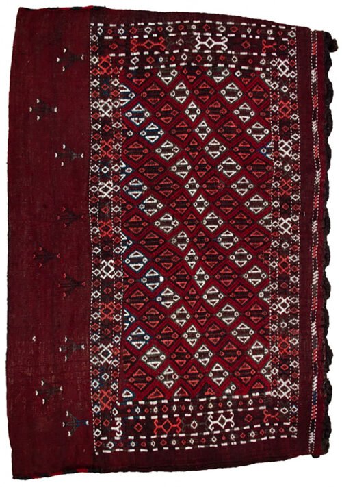 alt="Vintage Turkman Tobreh bag with deep maroon field and lozenge design" alt="Turkman tribal bag with lozenges and stylised bushes from Northeast Iran" alt="Decorative Persian Tobreh bag with rich red wool and traditional motifs" alt="Handwoven Turkman wool bag in maroon with natural dyes"