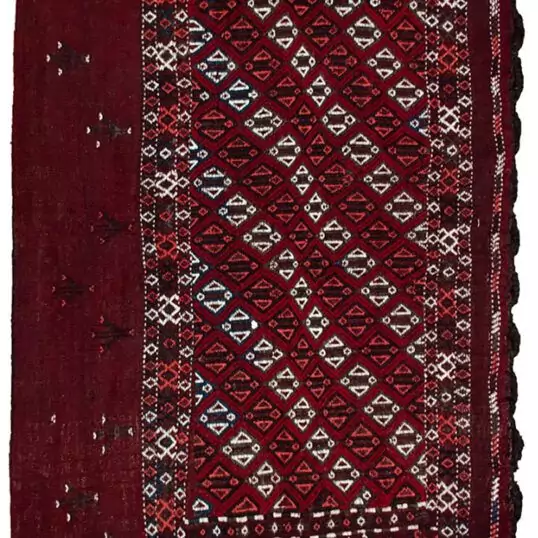 alt="Vintage Turkman Tobreh bag with deep maroon field and lozenge design" alt="Turkman tribal bag with lozenges and stylised bushes from Northeast Iran" alt="Decorative Persian Tobreh bag with rich red wool and traditional motifs" alt="Handwoven Turkman wool bag in maroon with natural dyes"
