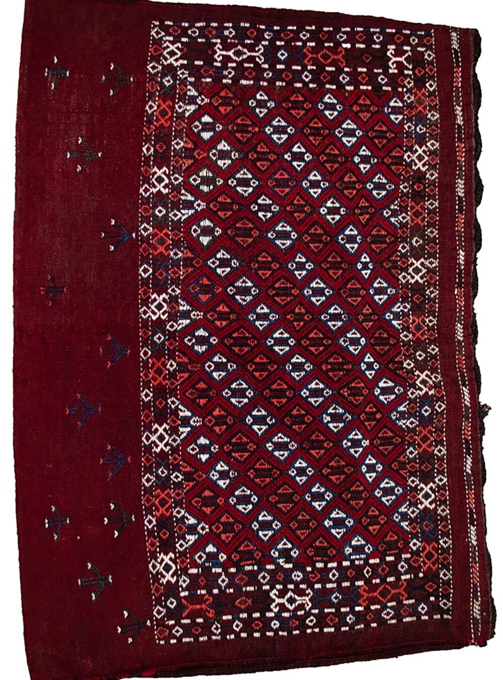 alt="Vintage Turkman Tobreh bag with deep maroon field and lozenges" alt="Northeast Iran tribal bag featuring stylised bush motifs" alt="Handwoven Turkman wool bag with geometric tribal design" alt="Decorative Persian tribal tobreh with natural dyes"
