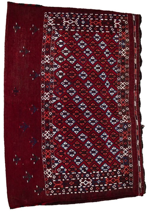alt="Vintage Turkman Tobreh bag with deep maroon field and lozenges" alt="Northeast Iran tribal bag featuring stylised bush motifs" alt="Handwoven Turkman wool bag with geometric tribal design" alt="Decorative Persian tribal tobreh with natural dyes"