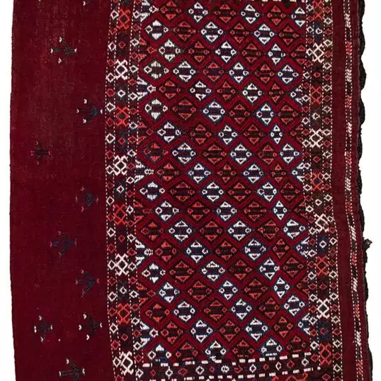 alt="Vintage Turkman Tobreh bag with deep maroon field and lozenges" alt="Northeast Iran tribal bag featuring stylised bush motifs" alt="Handwoven Turkman wool bag with geometric tribal design" alt="Decorative Persian tribal tobreh with natural dyes"