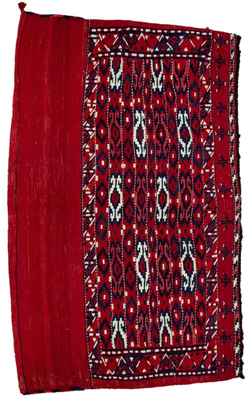 alt="Vintage Turkman Tobreh bag with deep red and blue funky design" alt="Turkman tribal bag from Northeast Iran with locks intact" alt="Exciting Persian tribal textile with modern aesthetic" alt="Handwoven vintage Turkman bag in vibrant colours"